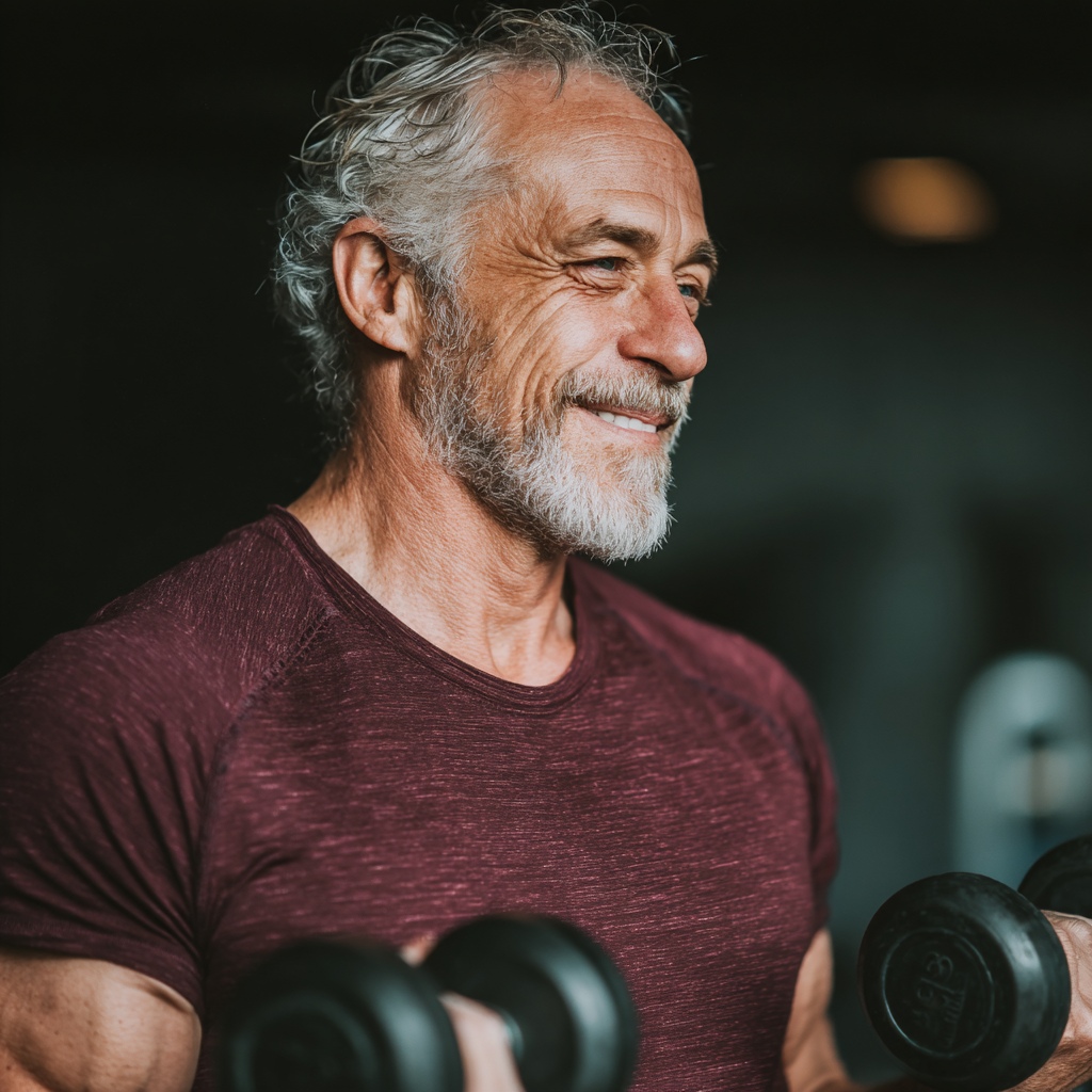 Bărbat de 55 de ani zâmbind în sala de fitness, ținând gantere, arătând energie și vitalitate