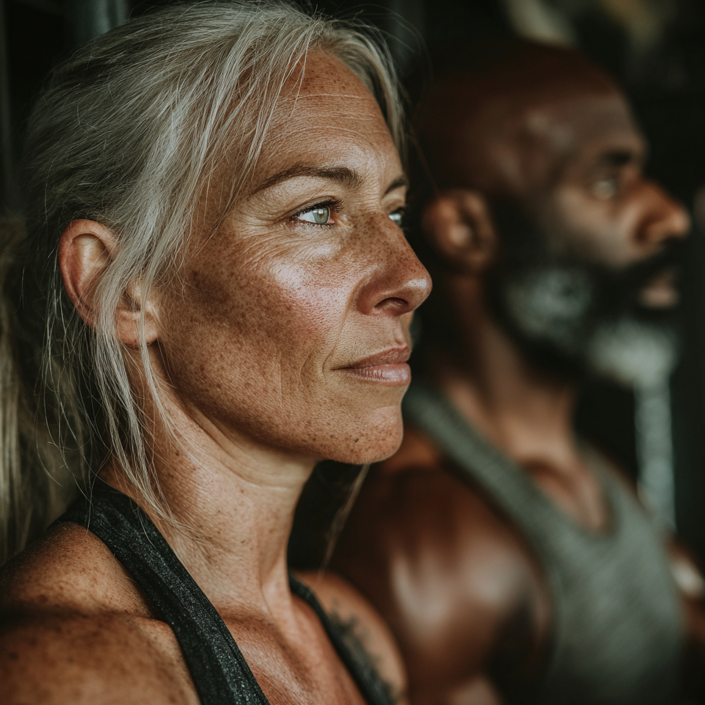 Femeie de 58 de ani antrenându-se cu un trainer personal, concentrată și determinată în sala de fitness