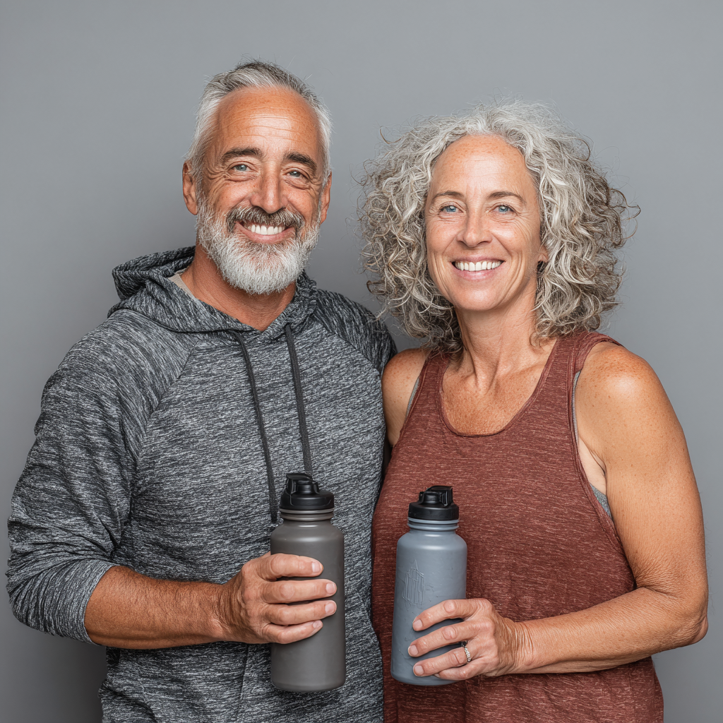 Cuplu de 60 de ani zâmbind după o sesiune de antrenament, arătând satisfacție și energie pozitivă