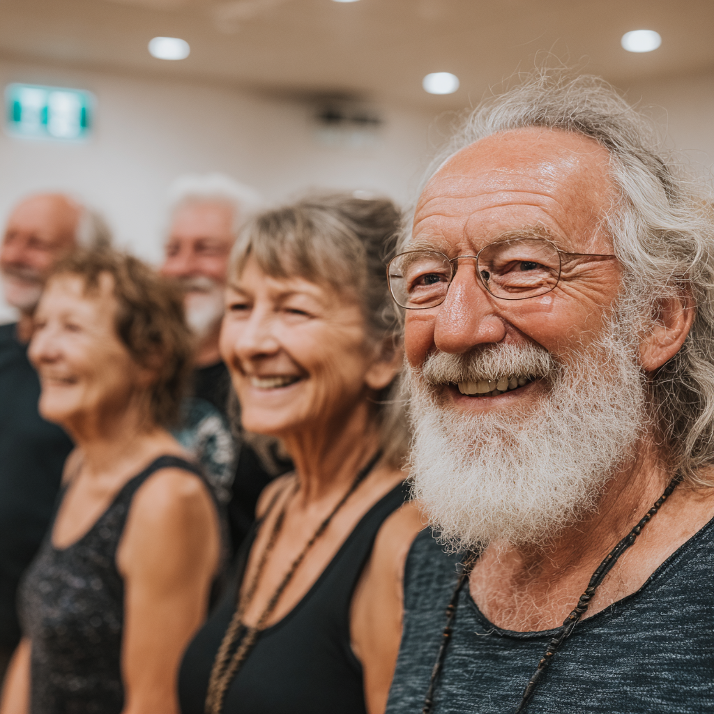 Grup de 8 persoane cu vârste între 52-62 ani participând la o clasă de fitness, surâzând și arătând camaraderia